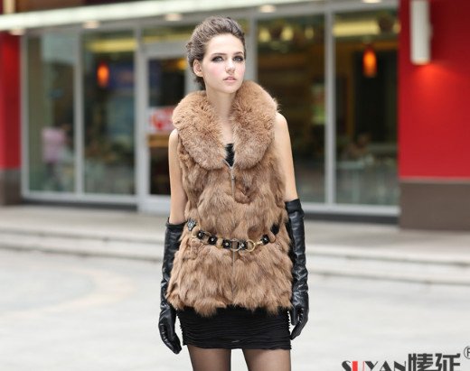 Shuge Wholesale Elegant Fox Furry Waistcoat Zipper Closure Long Vest Light Camel Coat Free Shipping 2012