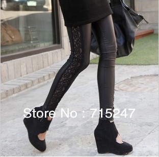 Side lace stitching high elastic faux leather pants, pants Korean version of the nine-Leggings...