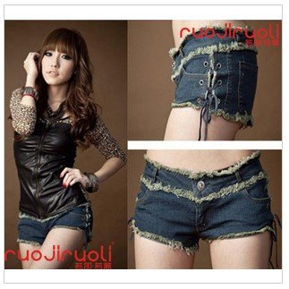 Side tie rope rags ultra low waist sexy denim shorts hot pants boots pants