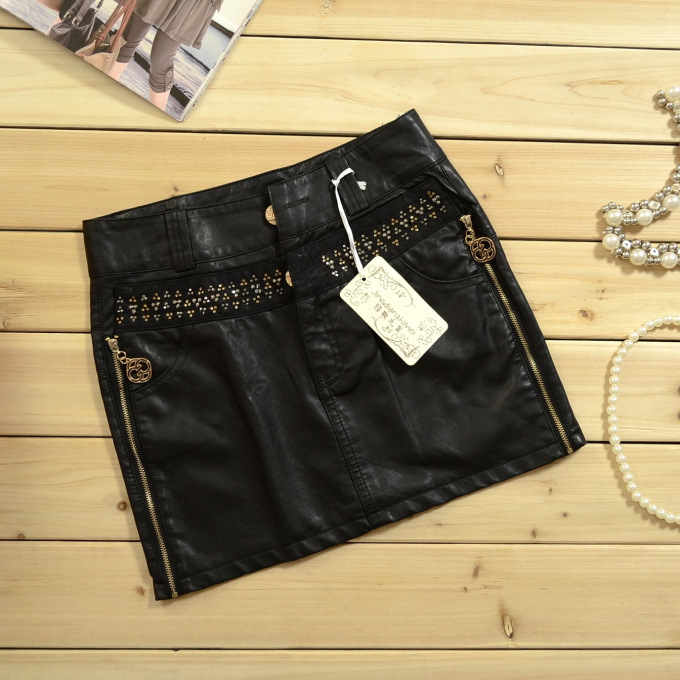 Side zipper slim hip short skirt half-length leather skirt black autumn and winter female 1517