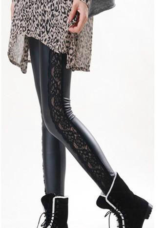 Sidepiece lace patchwork faux leather pants ankle length sidepiece thin lace legging