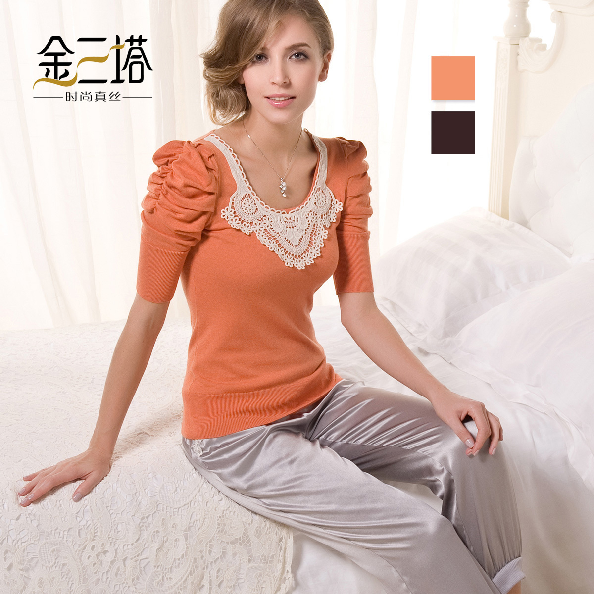 Silk blending women's basic shirt embroidery cravat half sleeve top knitted 456