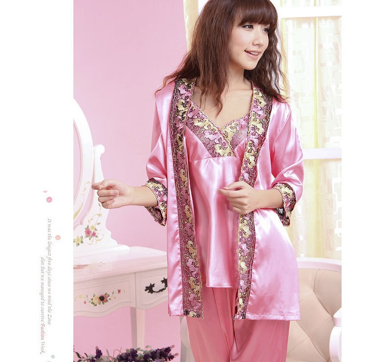 silk fashiong sleepwear 100% polyester fiber as fabric lace short-sleeve the nightwear V collar home clothes