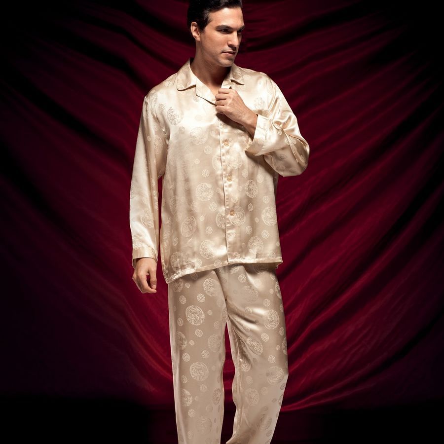 Silk male jacquard long sleeve length pants sleep set 3 a5007 beige free shipping