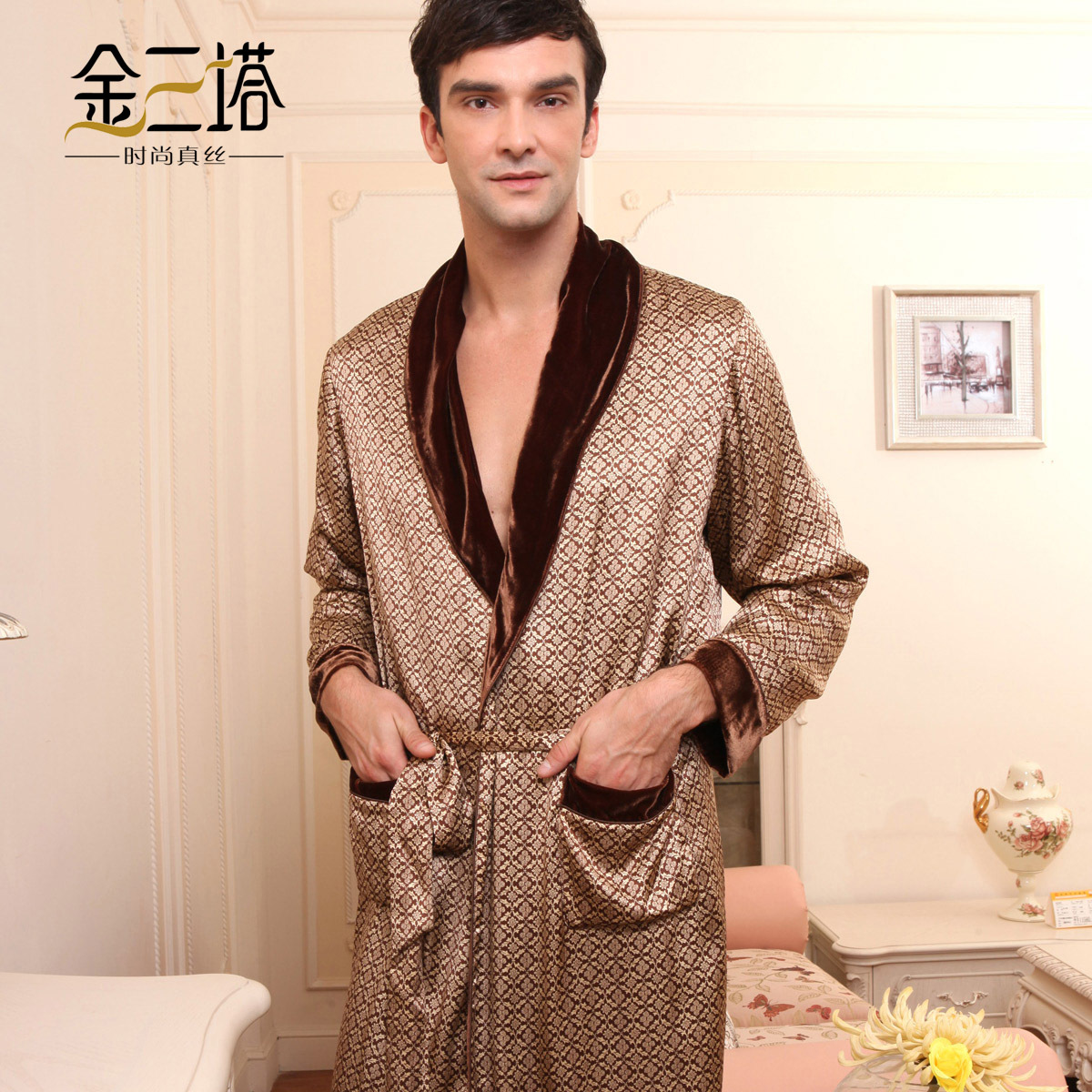 Silk male print goatswool thermal clip noble bathrobes sleepwear lounge