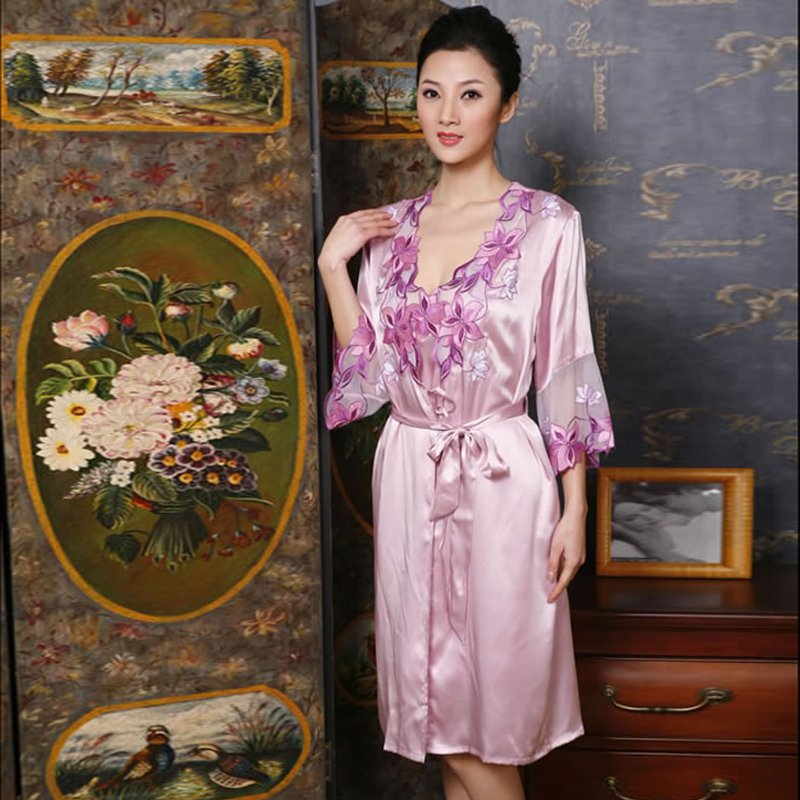 Silk robe mulberry silk spaghetti strap twinset sleepwear female silk sm9606