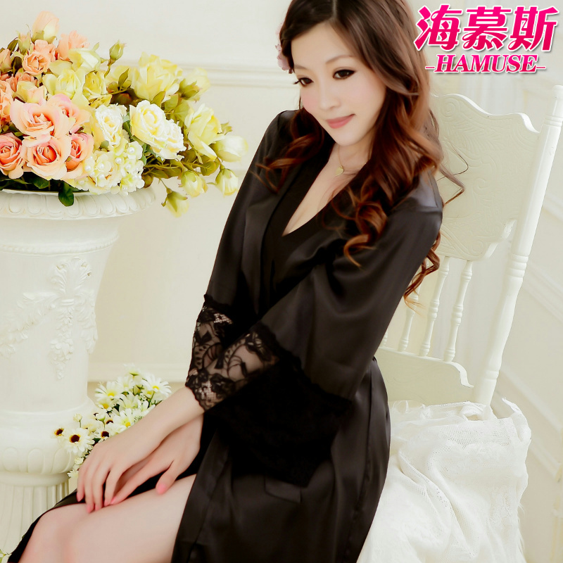 silk robe summer lace temptation bathrobe black sexy sleepwear