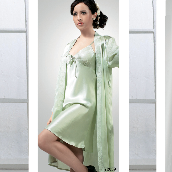 Silk robe twinset spaghetti strap sexy nightgown mulberry silk lounge temptation green ye059