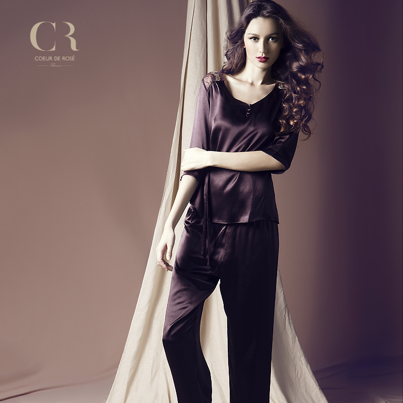 silk Sexy sleepwear, Luxury dark color sexy up and down suit sleepwear mulberry silk sleepwear