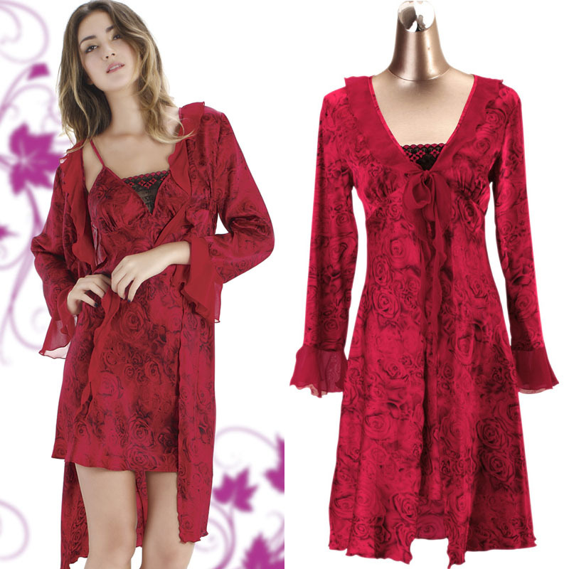 Silk sleepwear female robe red lovers marriage sexy spaghetti strap nightgown twinset lounge plus size