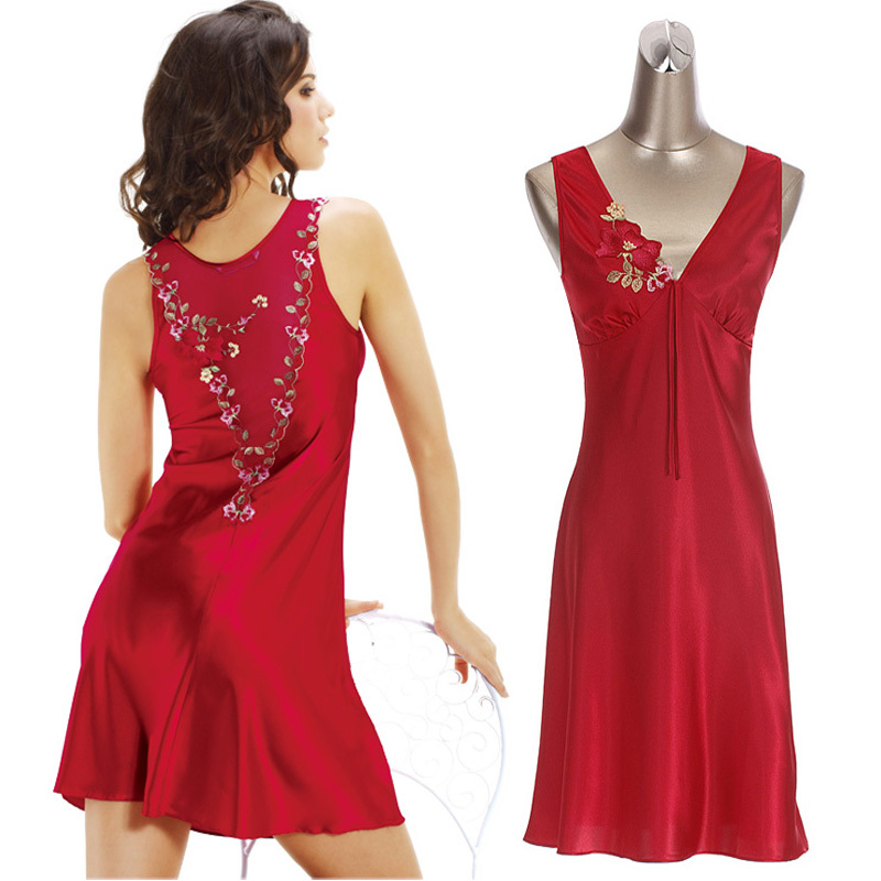 Silk sleepwear female sexy embroidered vest nightgown slim lounge plus size red