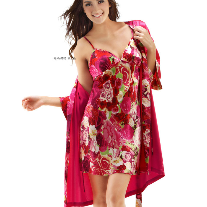 Silk sleepwear female sexy spaghetti strap nightgown robe twinset rose print silk lounge