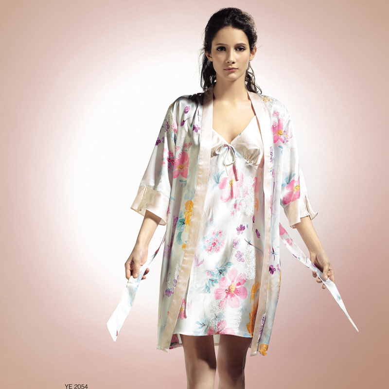 Silk spaghetti strap nightgown twinset female mulberry silk sleepwear sexy spaghetti strap robe 2054