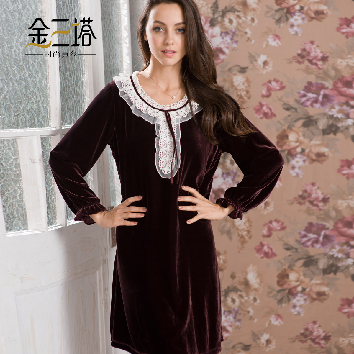 Silk women's nightgown velvet lace collar long-sleeve nightgown autumn