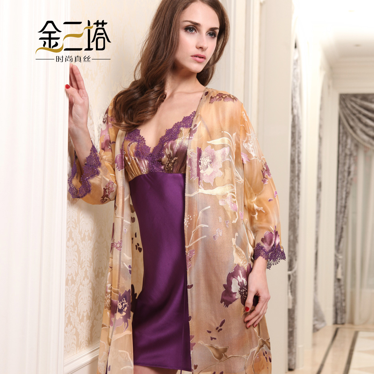 Silk women's robe gold burnt-out raw silk set robe set twinset