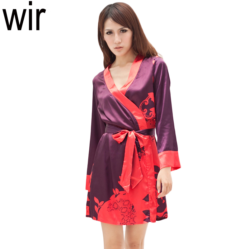 Silks and satins print long-sleeve sleepwear sexy nightgown spring and summer faux silk long-sleeve bathrobes at home service