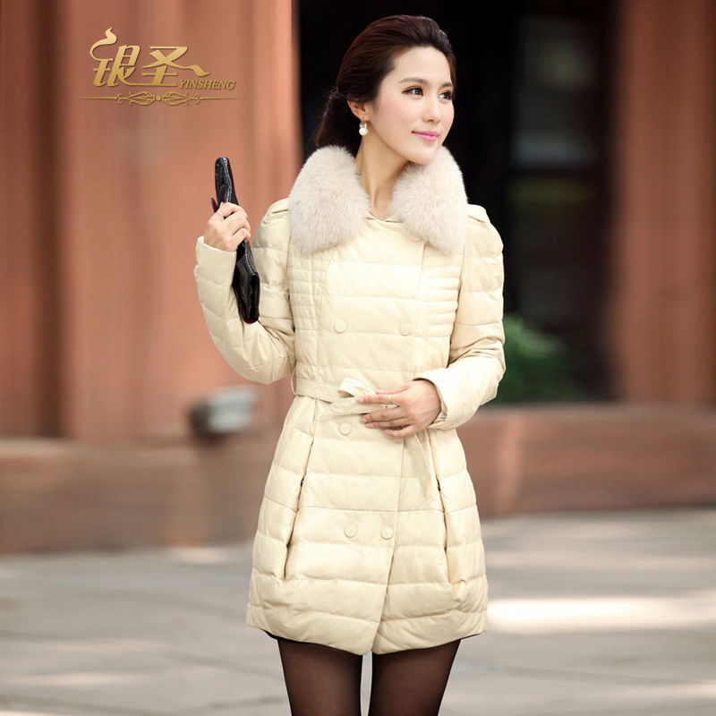 Silver 2012 medium-long genuine leather sheepskin down coat women's leather clothing leather Women