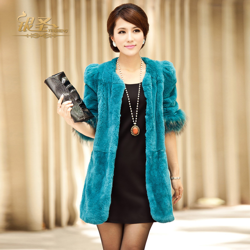 Silver 2012 slim raccoon fur rex rabbit skin medium-long women's outerwear