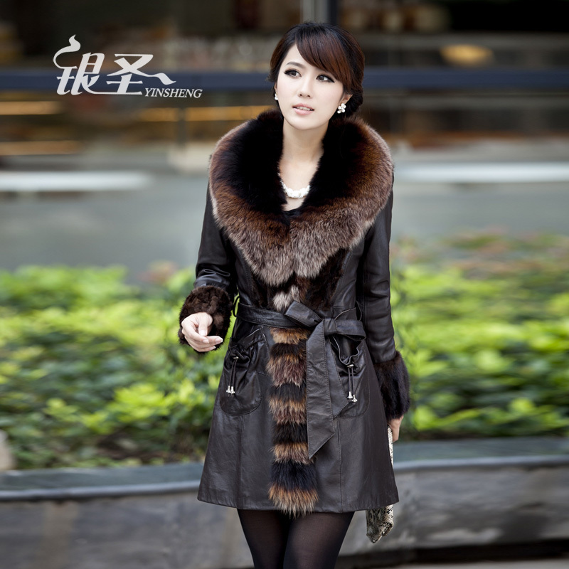 Silver 2012 winter sheepskin clothing fox fur mink fight mink long design female fur coat