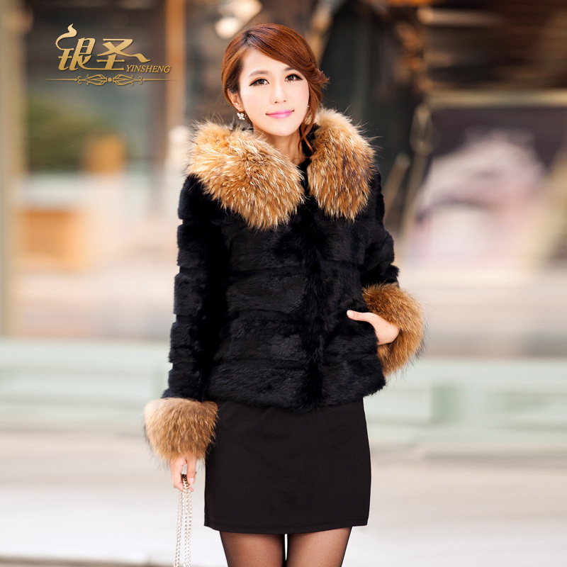 Silver hooded fur outerwear 2012 short design rabbit fur winter raccoon fur