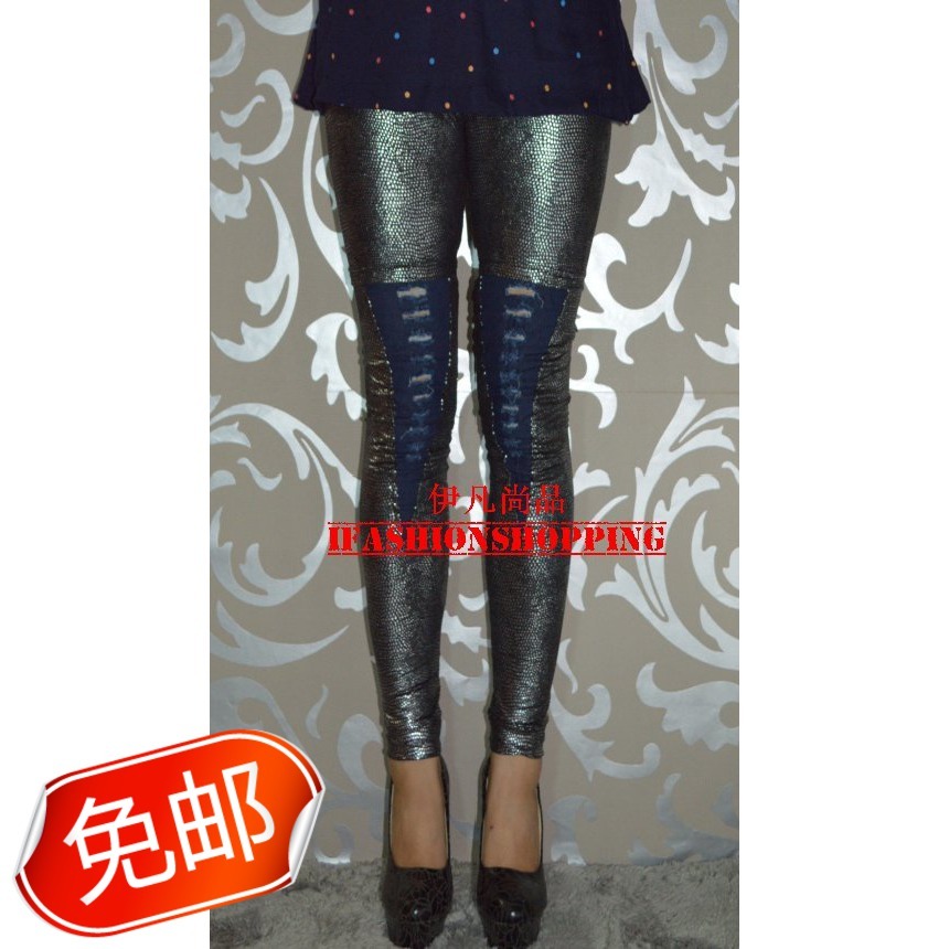 Silver lizard skin patchwork denim hole faux leather ankle length legging leggings