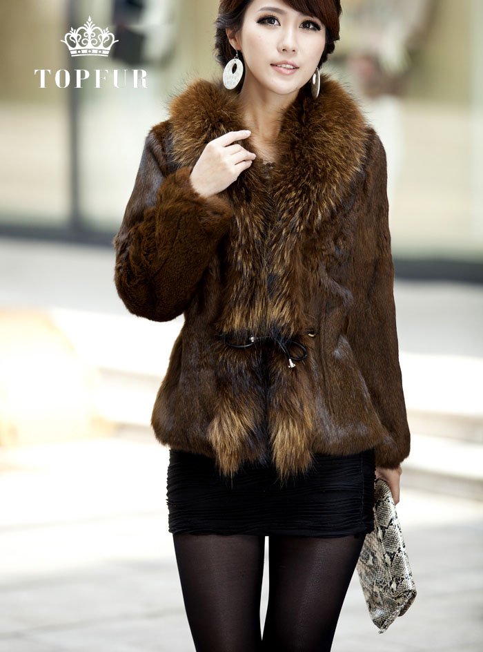 Silver short design real rabbit fur coat with slim raccoon fur women's outerwear Free shipping TF095