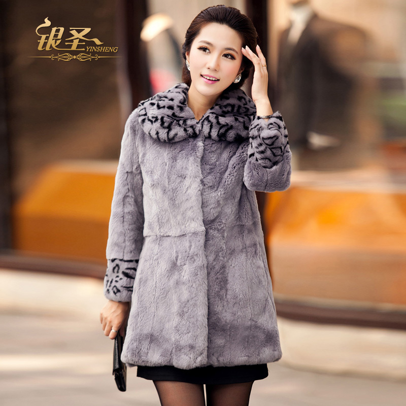 Silver women's rex rabbit hair fur coat medium-long 2012 slim