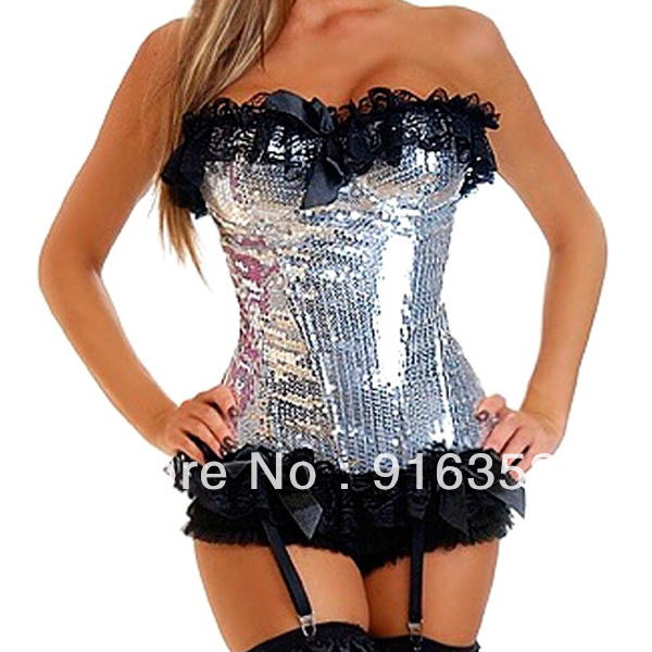 Silvery Sexy Sequined Lace Ruffled Zip Up Corset Bustier Party Showgirl Clubwear