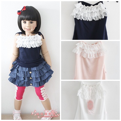 Single 2013 summer girls clothing gauze high quality baby child spaghetti strap top