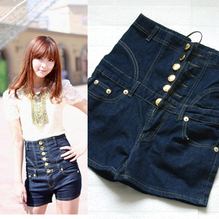 Single breasted back cross straps slim waist fashion high waist denim shorts