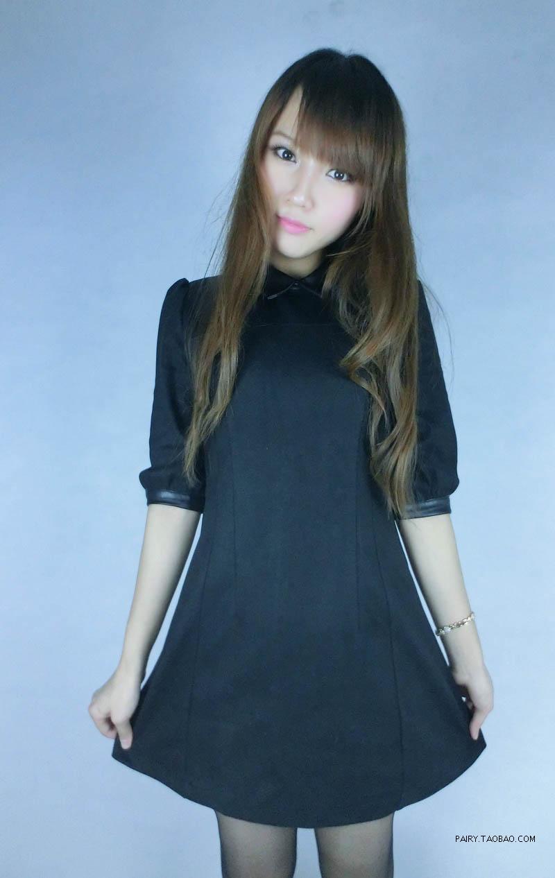 Single slim woolen fur collar puff leather three quarter sleeve one-piece dress