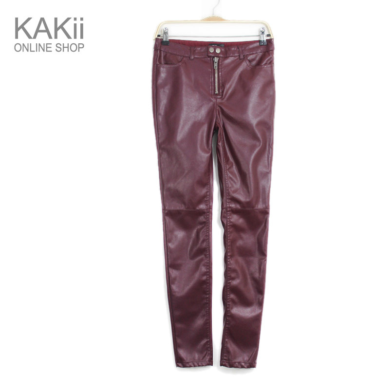 Single tier thickening PU zipper leather pants mid waist slim elastic legging women's long trousers