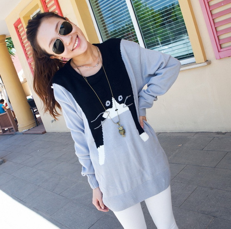 Sisouhor cat pattern loose female casual pullover long design sweater - 20747 free shipping