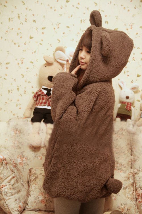 Sisouhor woolen bear or rabbit with a hood thickening cotton-padded overcoat outerwear - 0011