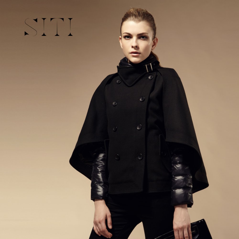 SITI Free shipping 2012 New Arrivals Women Cape Worsted Down Jacket Winter Coat Black Grey High Quality Collar