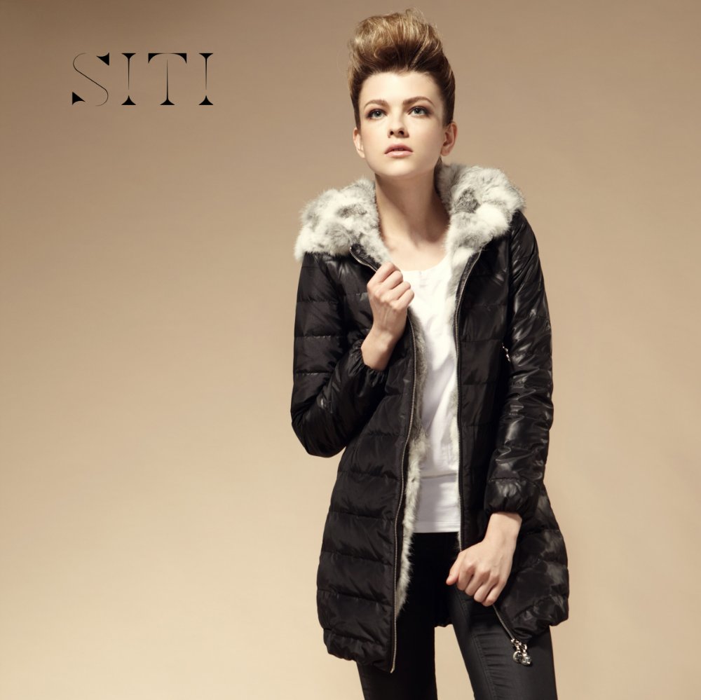 SITI Free Shipping 2012 New Arrivals Women Long Rabbit Hair Down Jacket Coat Black Pink