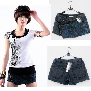 Siyuan 2013 fashion summer exquisite vine embroidered oblique zipper culottes denim shorts