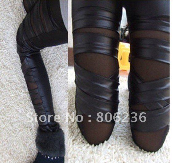 Skinny Cotton Cross Yarn+Leather Look Wrap Leggings    B234