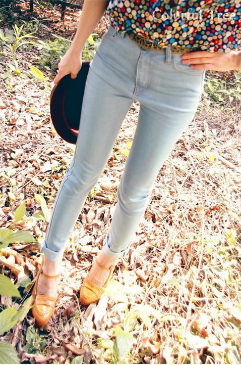 Skinny jeans light color system vintage high waist slim pencil pants