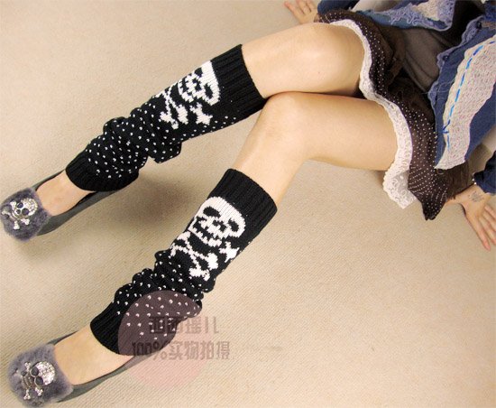 SKULL jacquard knee high knit leg warmer  kneecap sock legging boot cover