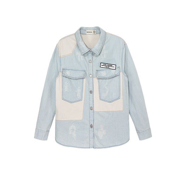 Skyeye irregular tooling patchwork color block decoration distrressed water wash bf medal applique denim shirt outerwear