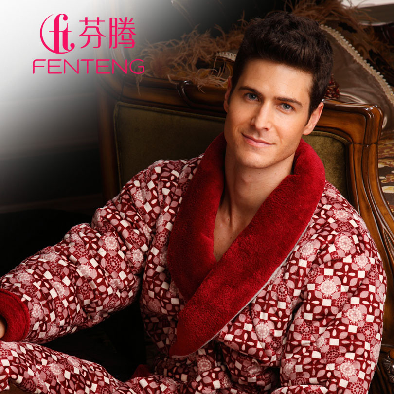 Sleepwear 2012 male check thick coral fleece cotton-padded lounge robe