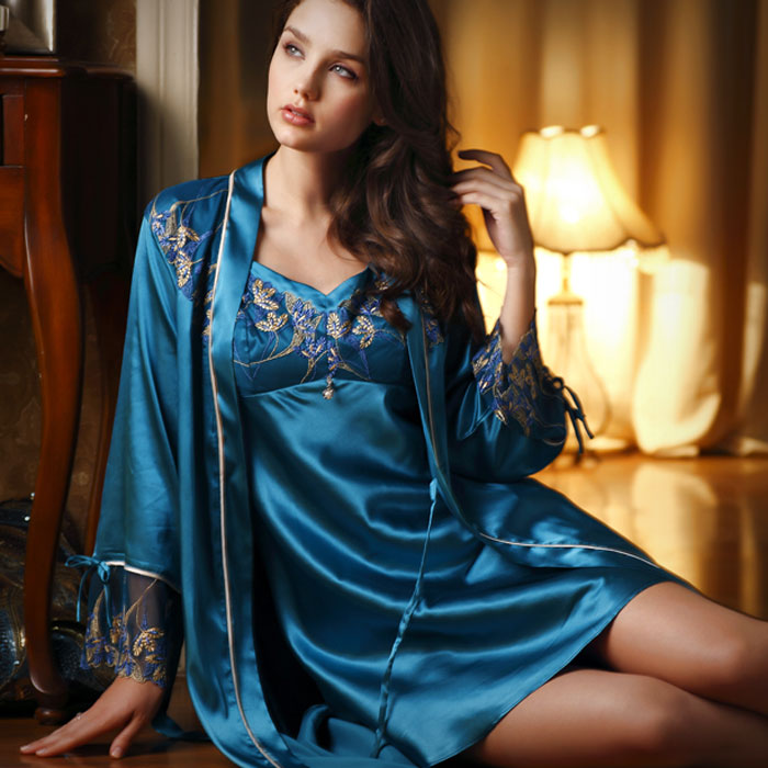 Sleepwear 2013 spring women's sexy faux silk nightgown twinset long-sleeve lounge