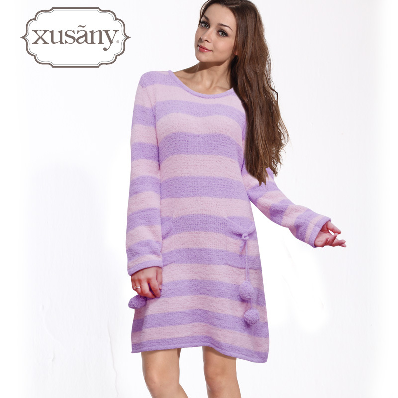 Sleepwear autumn and winter long-sleeve stripe female nightgown feather yarn breathable wool knitted coral fleece lounge