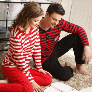 Sleepwear  autumn long-sleeve knitted 100% cotton sleepwear stripe lovers lounge set z10468