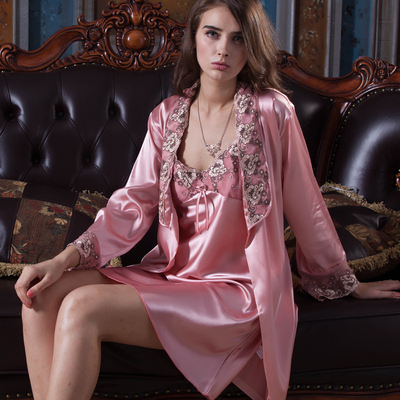 Sleepwear autumn Women faux silk sexy spaghetti strap nightgown robe twinset sleepwear female 20122