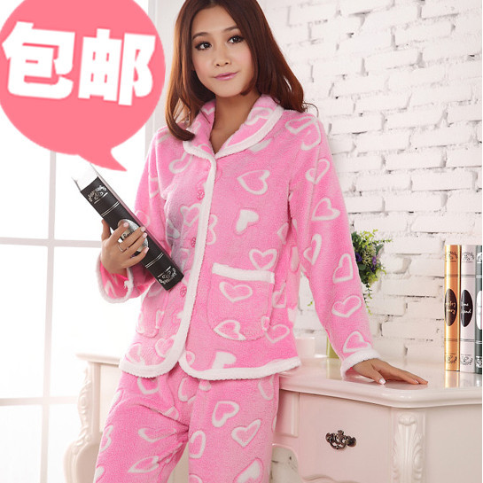 Sleepwear coral fleece female autumn and winter female heart long-sleeve coral fleece sleep set lounge