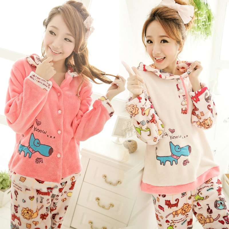 Sleepwear female autumn and winter shote coral fleece sleep set women's sleep set long-sleeve lounge