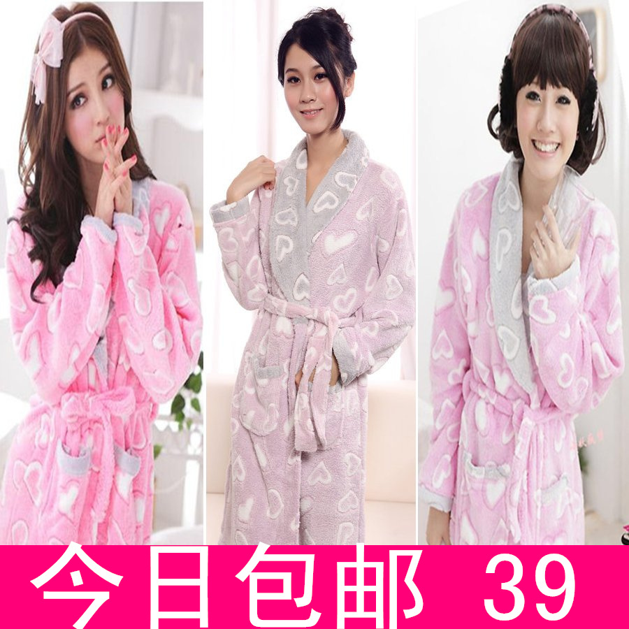 Sleepwear female coral fleece robe sweet heart winter sleepwear long-sleeve female coral fleece set heart robe