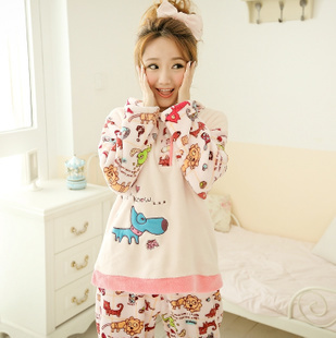 Sleepwear female sleepwear sweet women's coral fleece long-sleeve female sleep set lounge